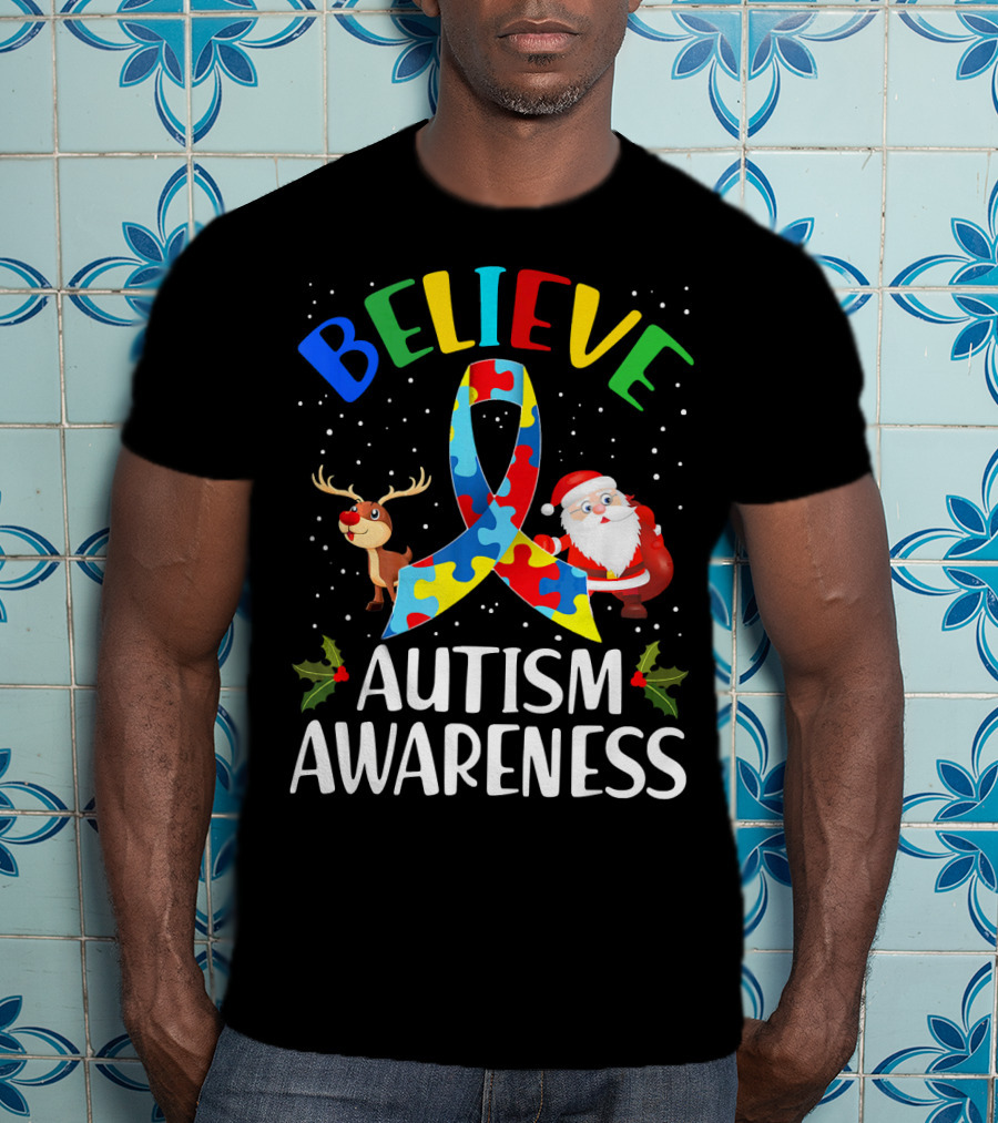 Believe Autism Awareness Santa Reindeer Puzzle Christmas T-Shirt