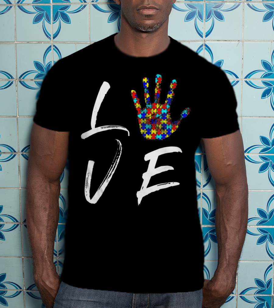 Love Autism Awareness Puzzle Hand T-Shirt