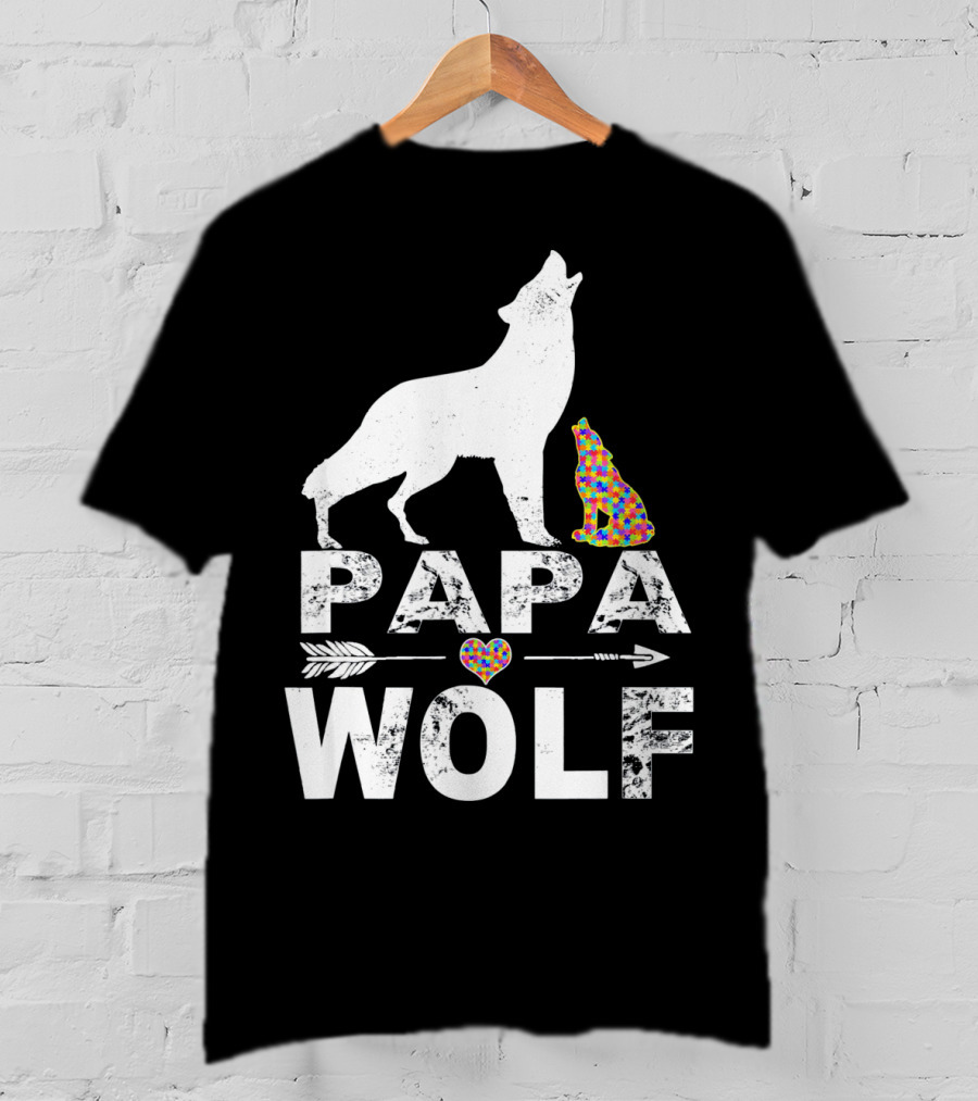 Papa Wolf Autism Awareness Puzzle Heart And Howling Pups T-Shirt