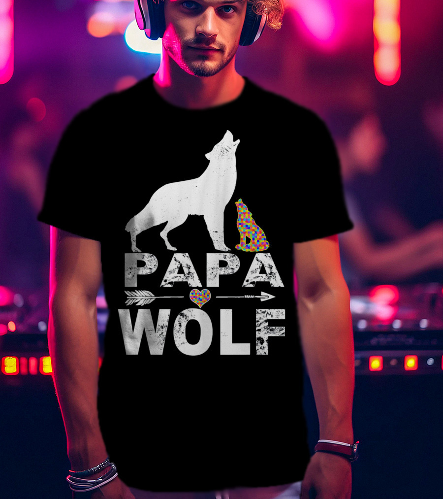 Papa Wolf Autism Awareness Puzzle Heart And Howling Pups T-Shirt