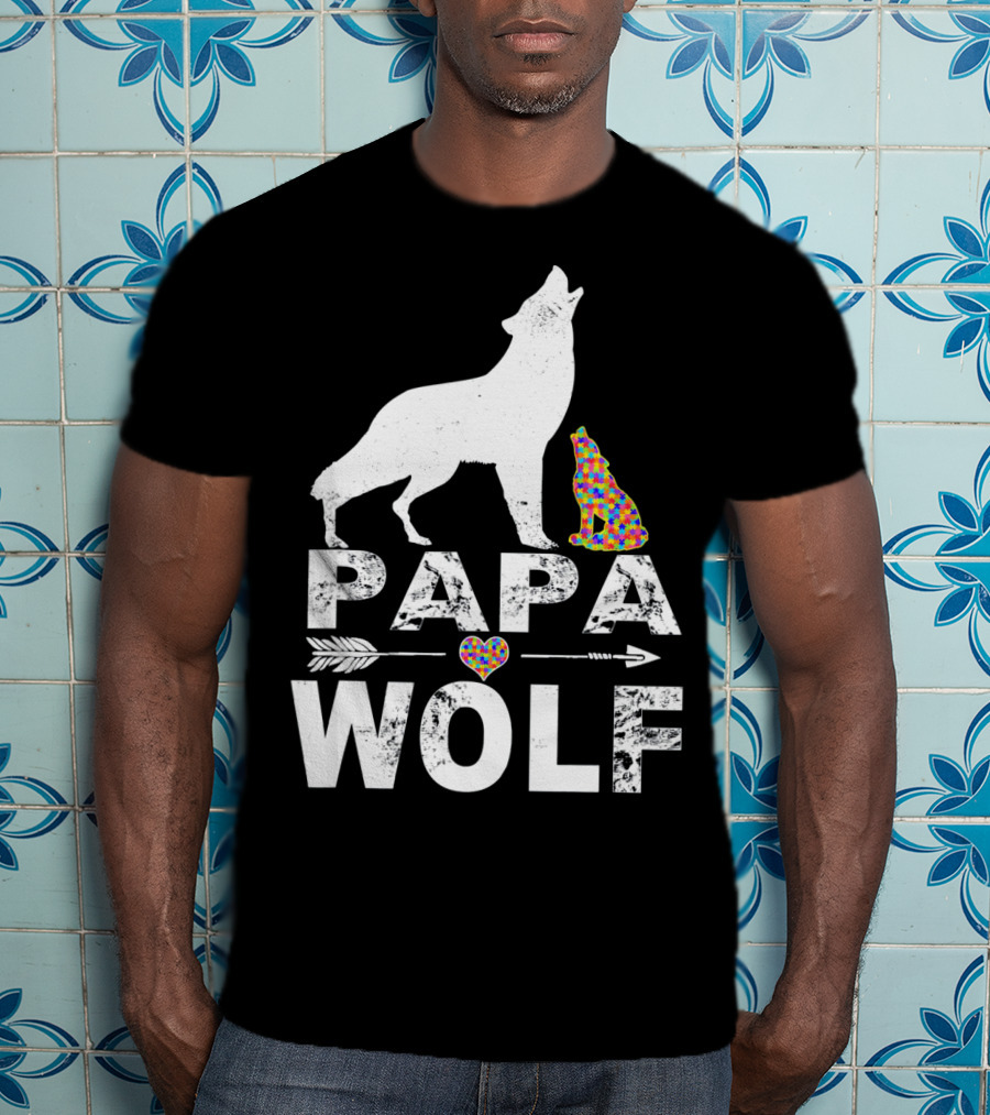Papa Wolf Autism Awareness Puzzle Heart And Howling Pups T-Shirt