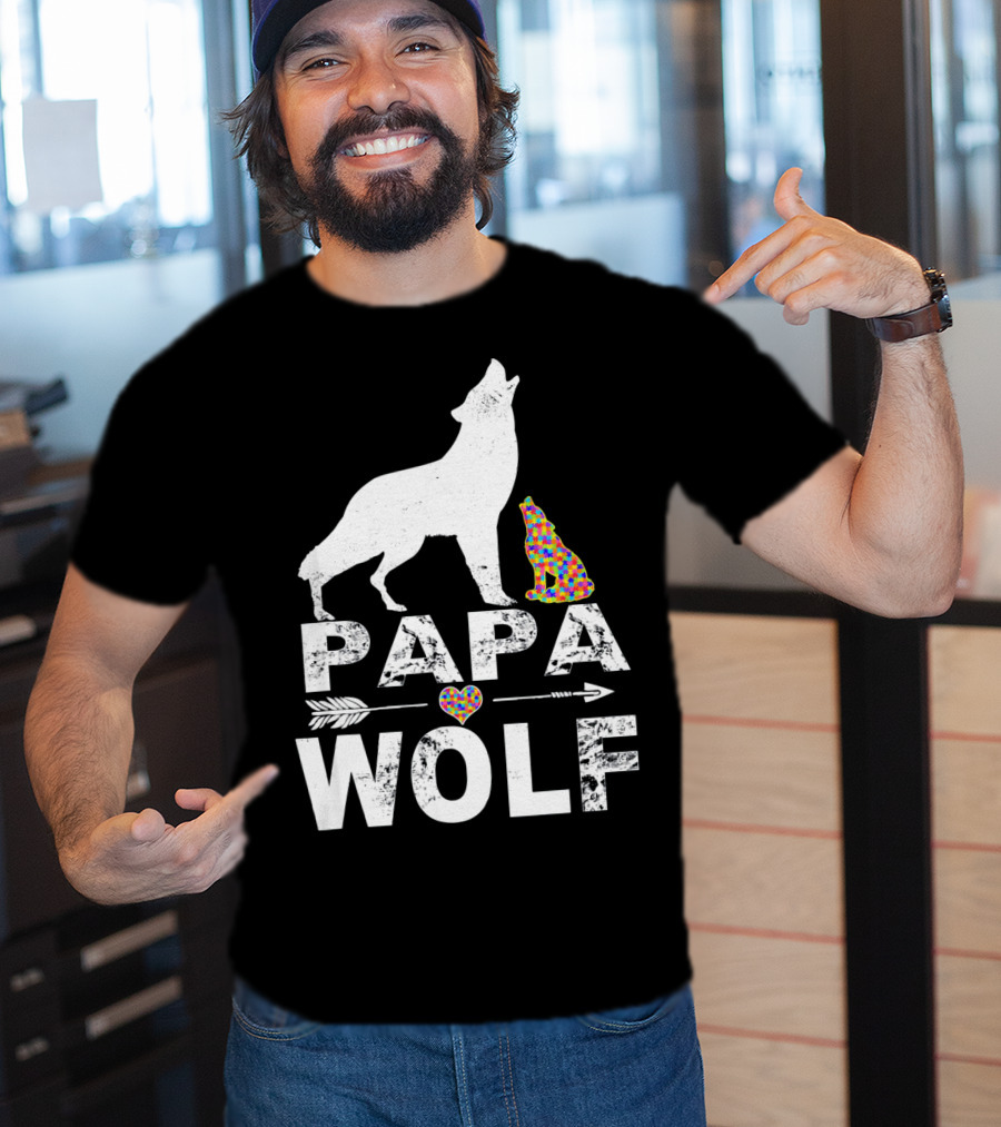 Papa Wolf Autism Awareness Puzzle Heart And Howling Pups T-Shirt