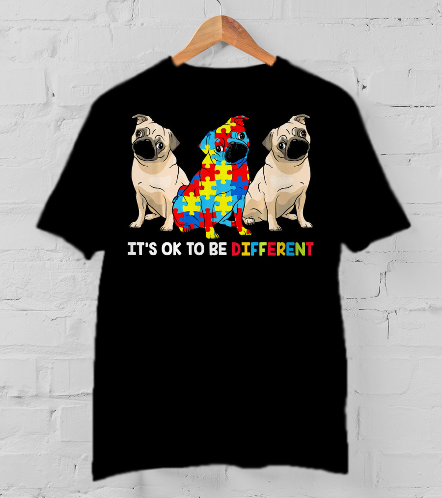 Its OK To Be Different Pug Autism Awareness Puzzle Pieces T-Shirt