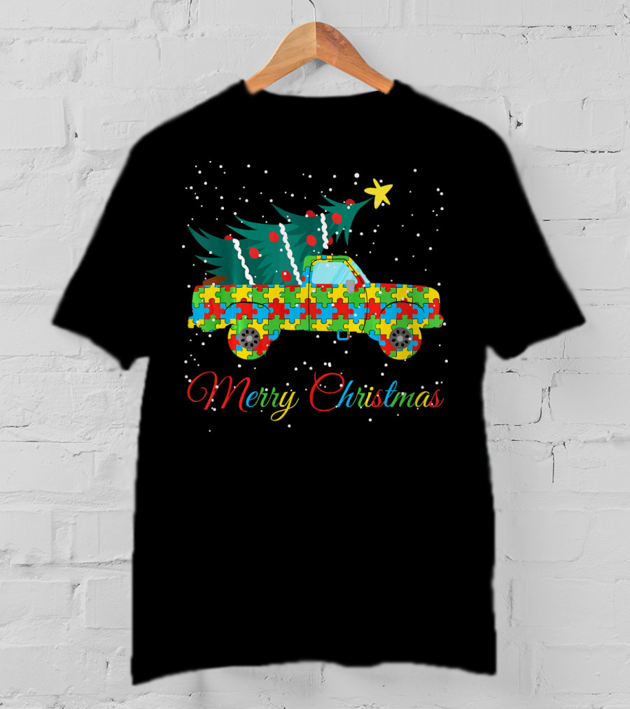Merry Christmas Puzzle Pickup Truck With Tree Autism Awareness T-Shirt