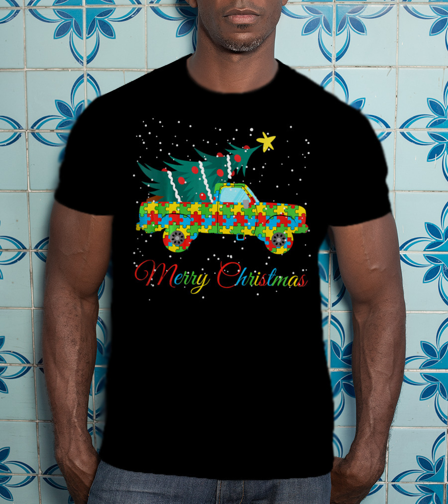 Merry Christmas Puzzle Pickup Truck With Tree Autism Awareness T-Shirt