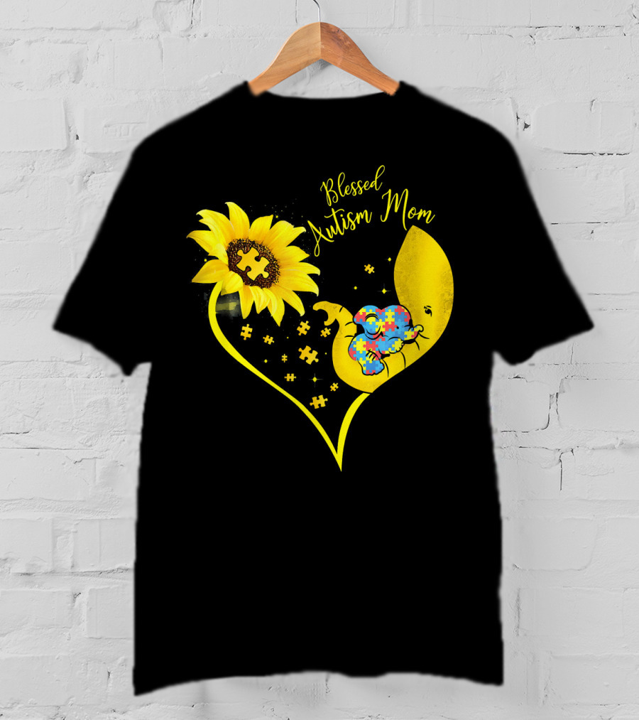 Blessed Autism Mom Sunflower Elephant Puzzle Heart T-Shirt