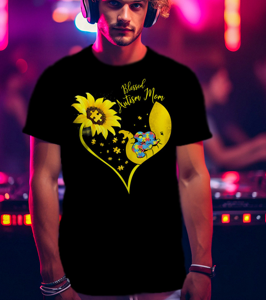 Blessed Autism Mom Sunflower Elephant Puzzle Heart T-Shirt