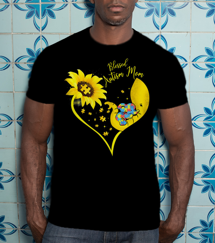 Blessed Autism Mom Sunflower Elephant Puzzle Heart T-Shirt