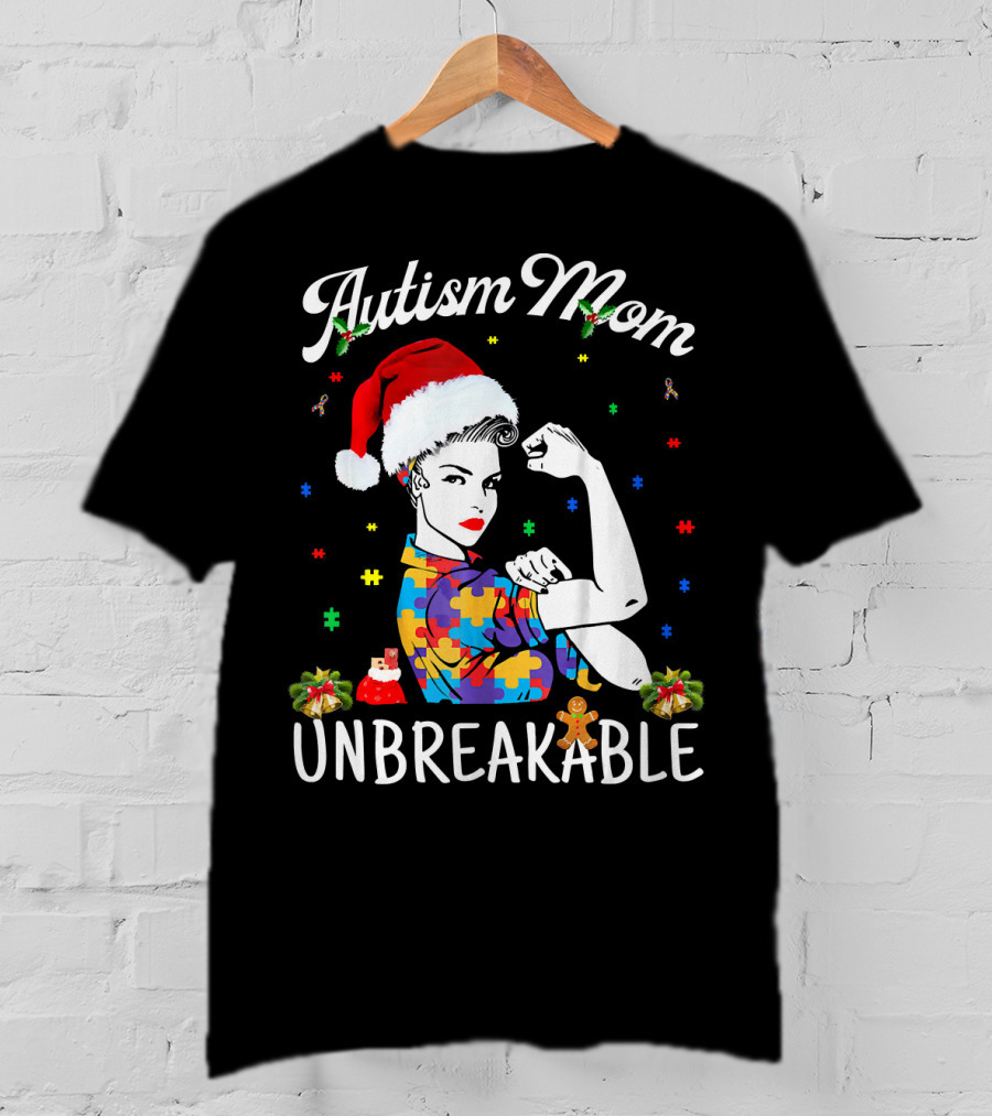 Autism Mom Unbreakable Santa Christmas Pride Puzzle Pieces T-Shirt