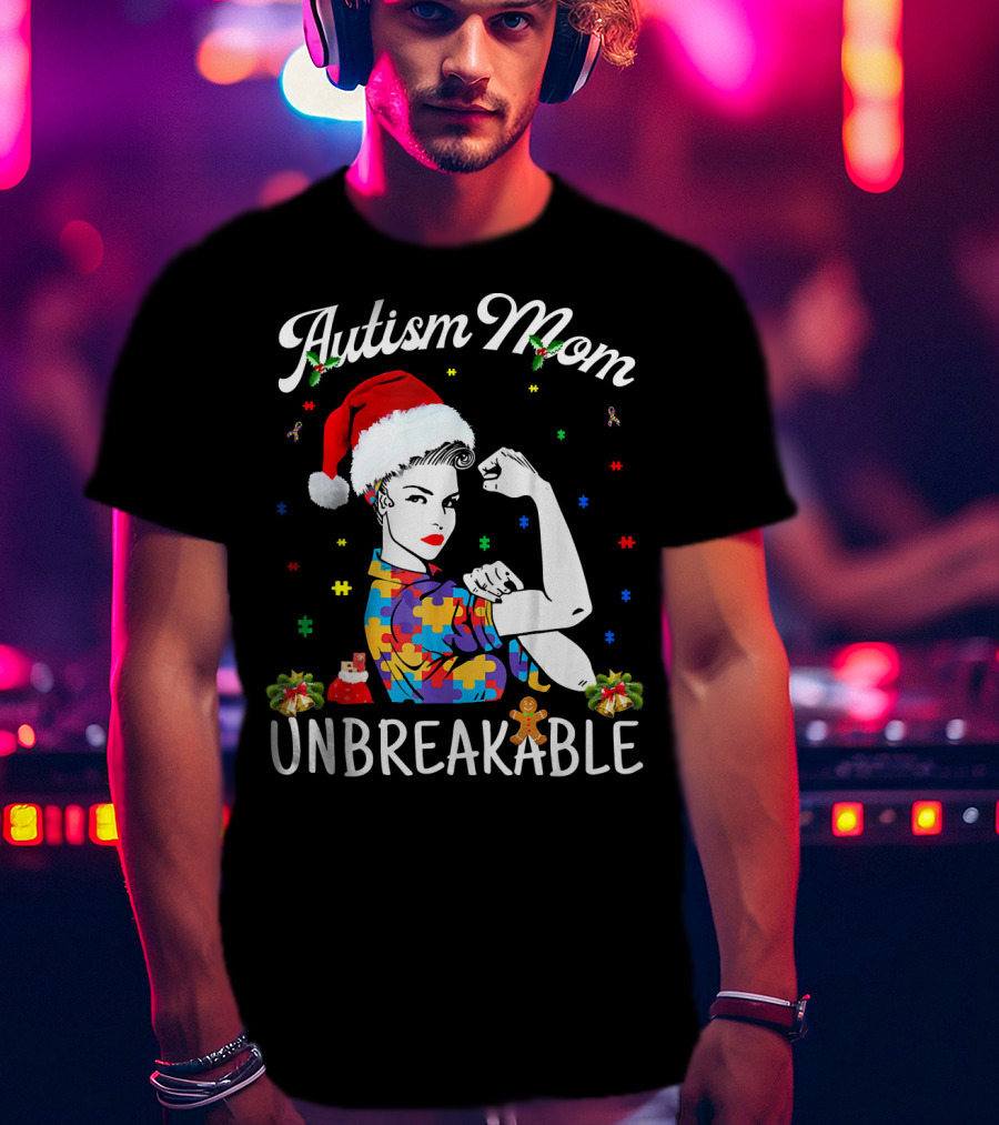 Autism Mom Unbreakable Santa Christmas Pride Puzzle Pieces T-Shirt