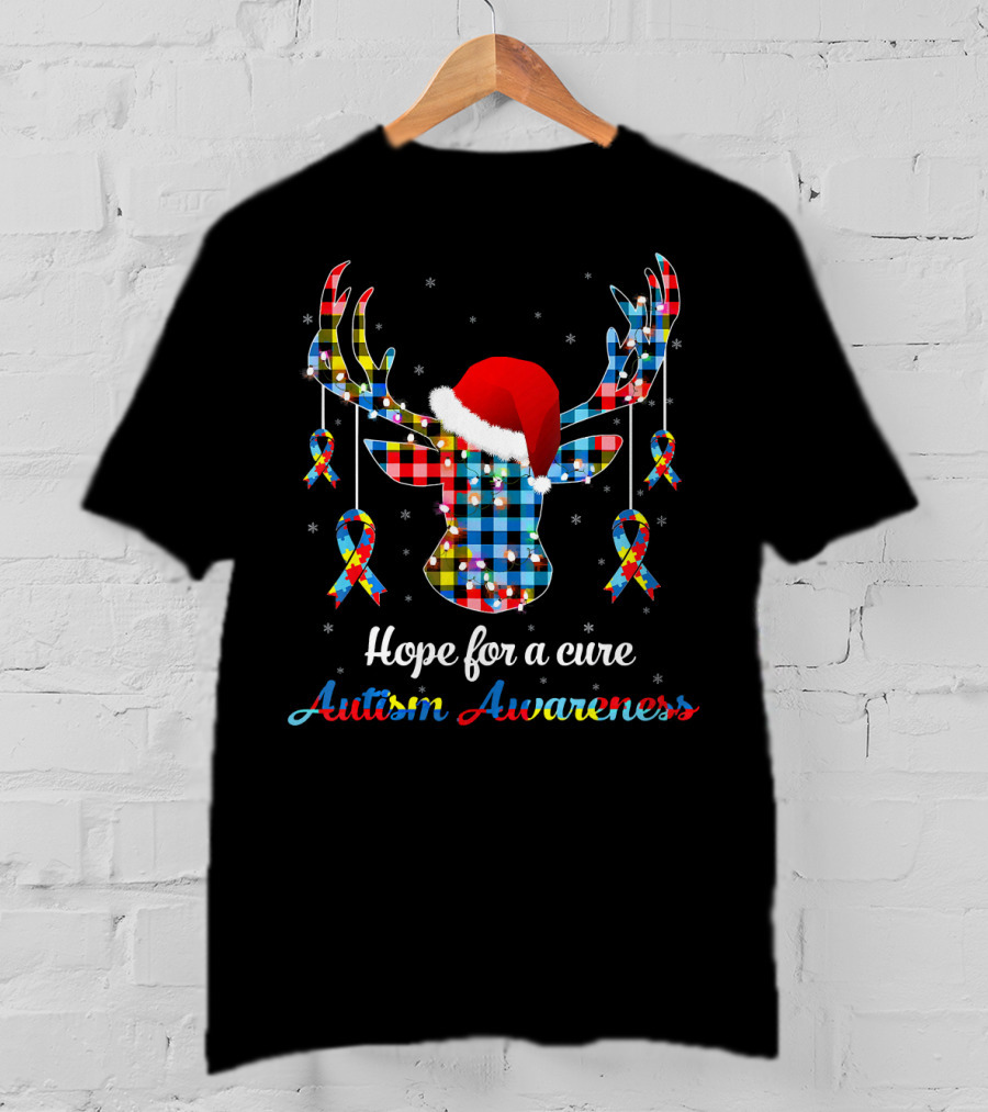 Hope For A Cure Autism Awareness Reindeer Plaid Santa Hat Ribbons T-Shirt