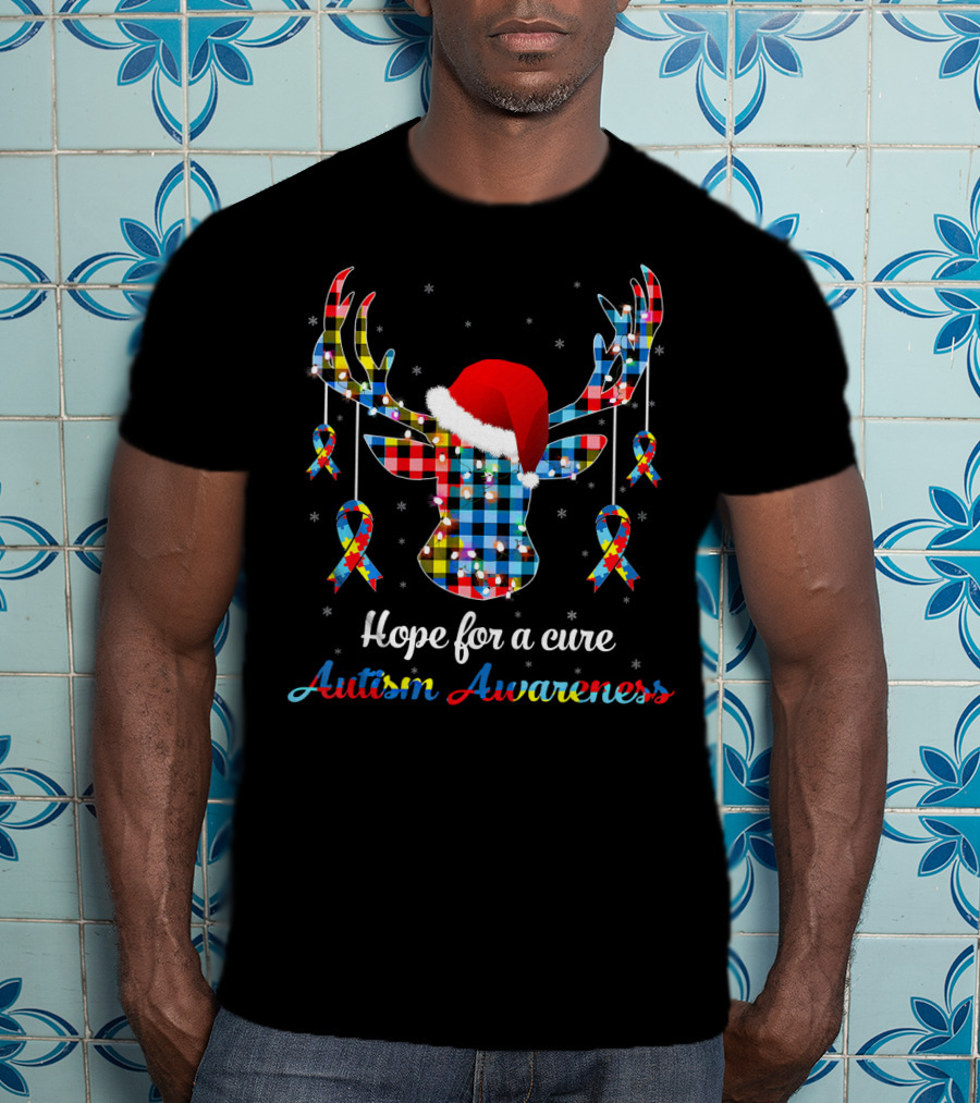 Hope For A Cure Autism Awareness Reindeer Plaid Santa Hat Ribbons T-Shirt