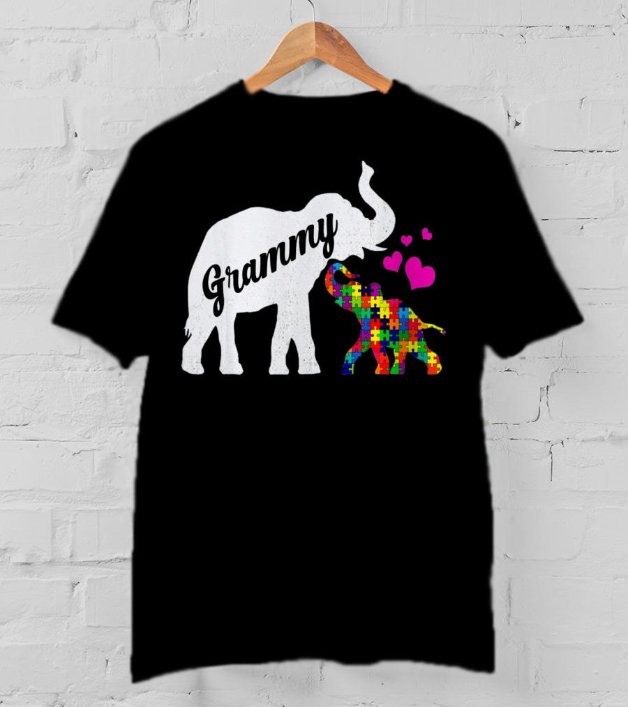 Grammy Elephant With Colorful Puzzle Piece Baby And Hearts For Autism Awareness T-Shirt