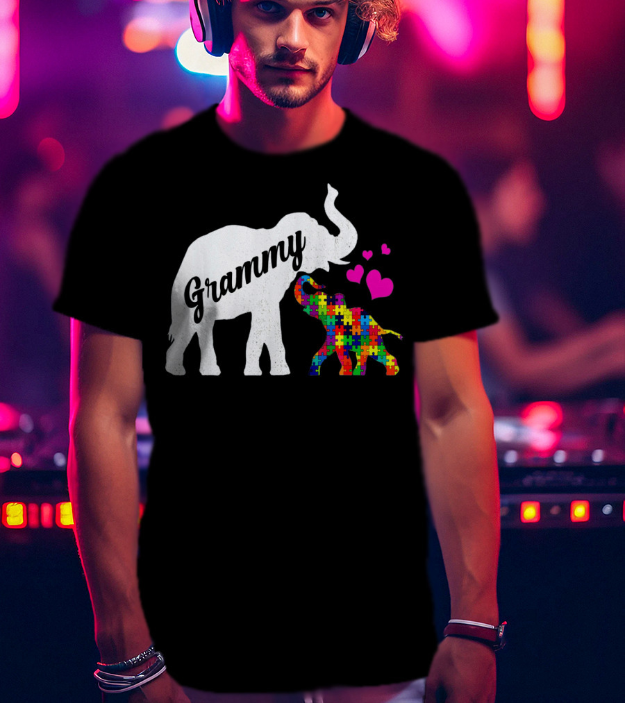 Grammy Elephant With Colorful Puzzle Piece Baby And Hearts For Autism Awareness T-Shirt