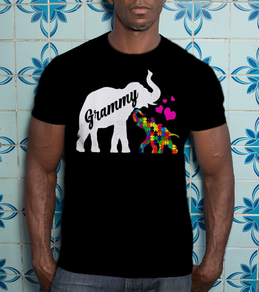 Grammy Elephant With Colorful Puzzle Piece Baby And Hearts For Autism Awareness T-Shirt