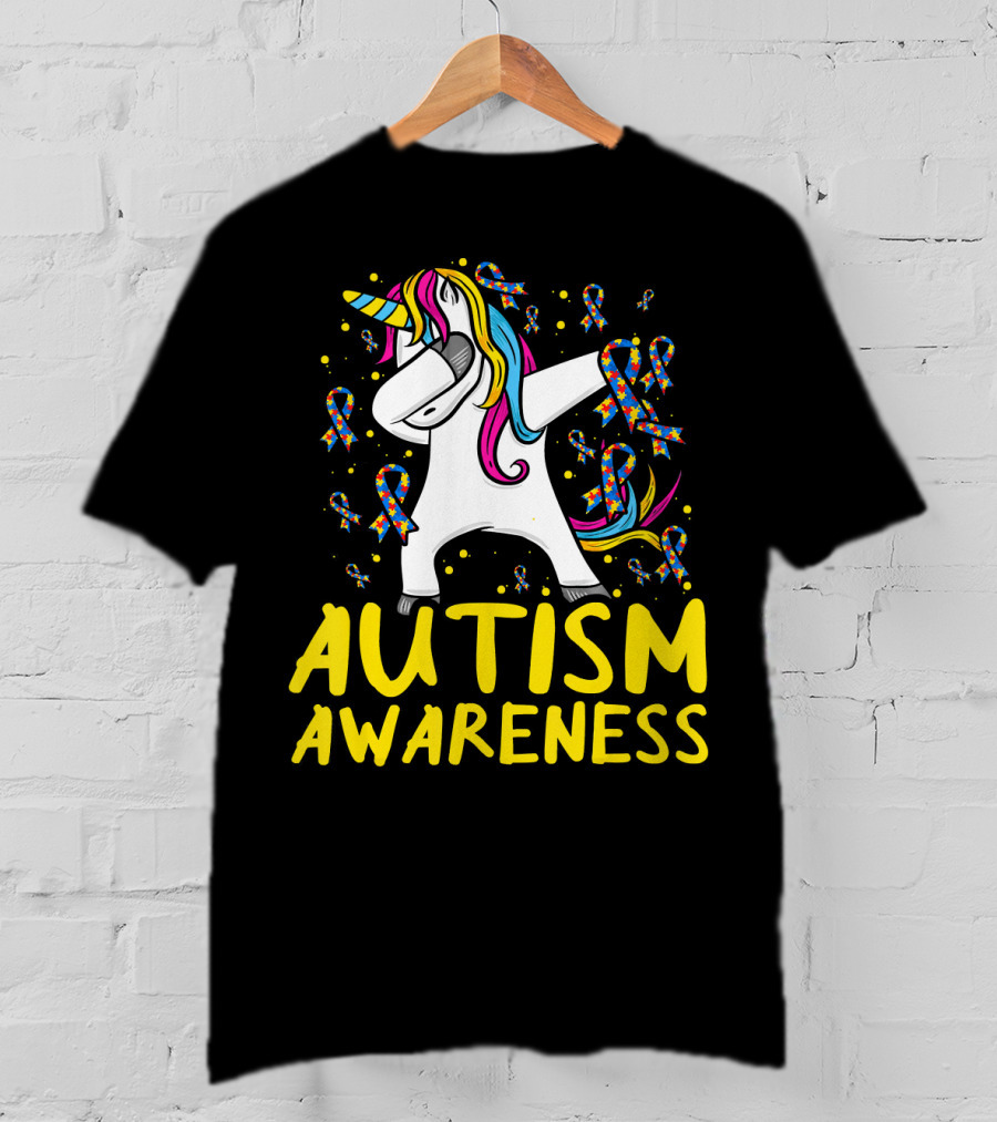 Dabbing Unicorn Puzzle Ribbon Autism Awareness T-Shirt