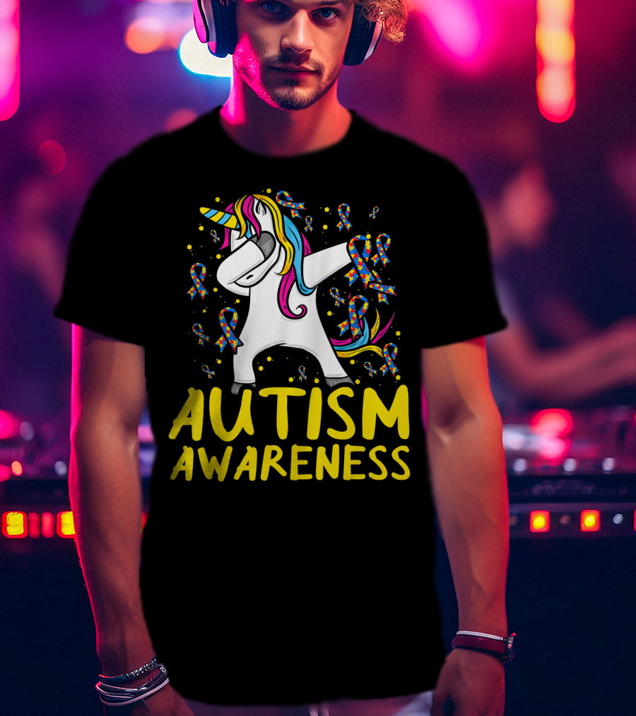 Dabbing Unicorn Puzzle Ribbon Autism Awareness T-Shirt