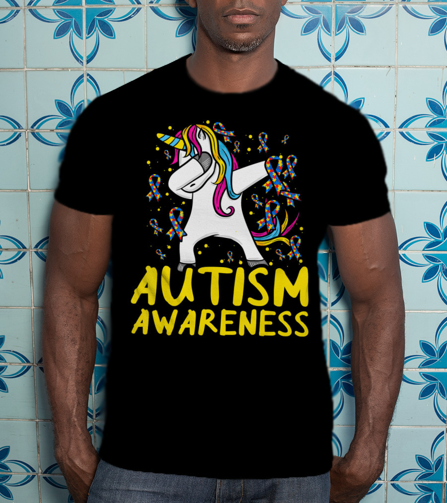 Dabbing Unicorn Puzzle Ribbon Autism Awareness T-Shirt