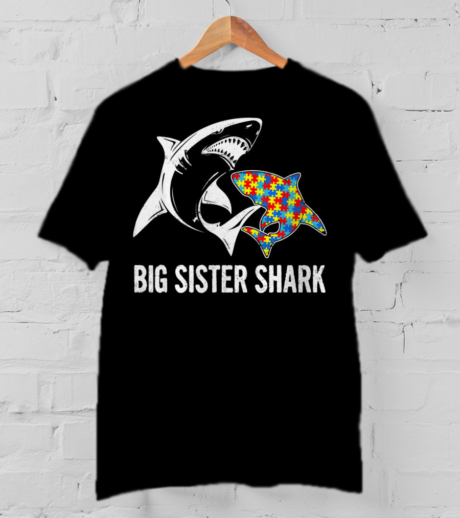 Big Sister Shark Autism Puzzle Piece Awareness T-Shirt