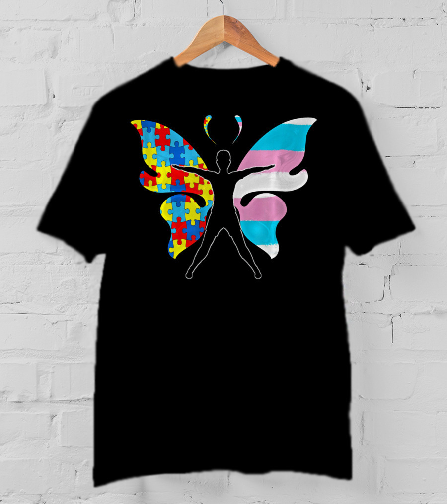 Autism Awareness Puzzle Butterfly With Transgender Flag Wings T-Shirt