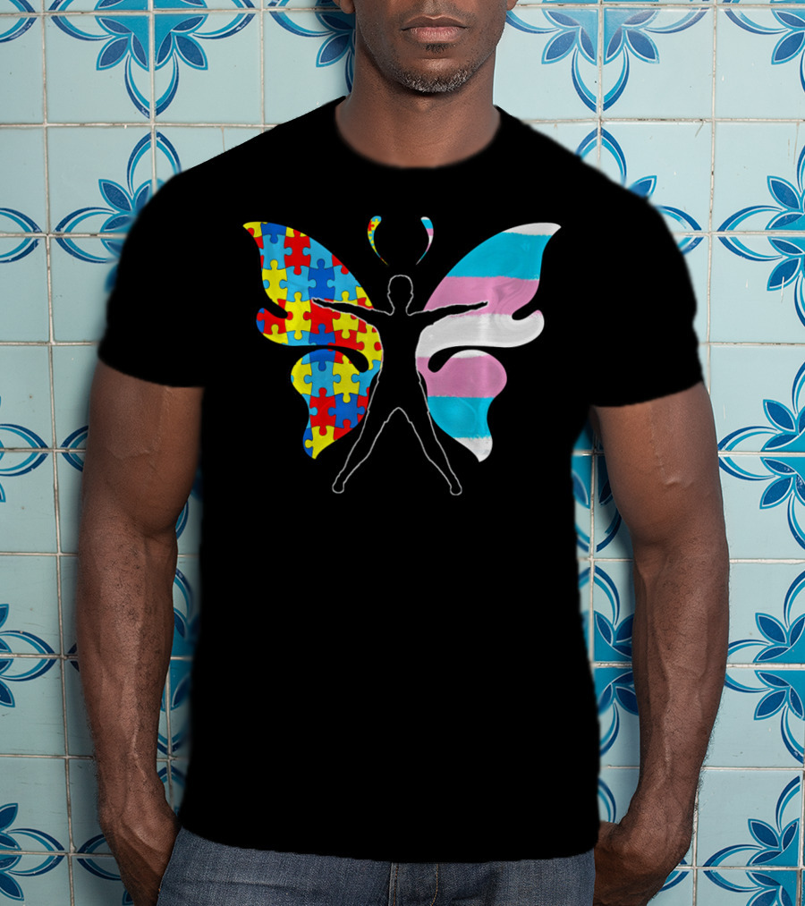 Autism Awareness Puzzle Butterfly With Transgender Flag Wings T-Shirt