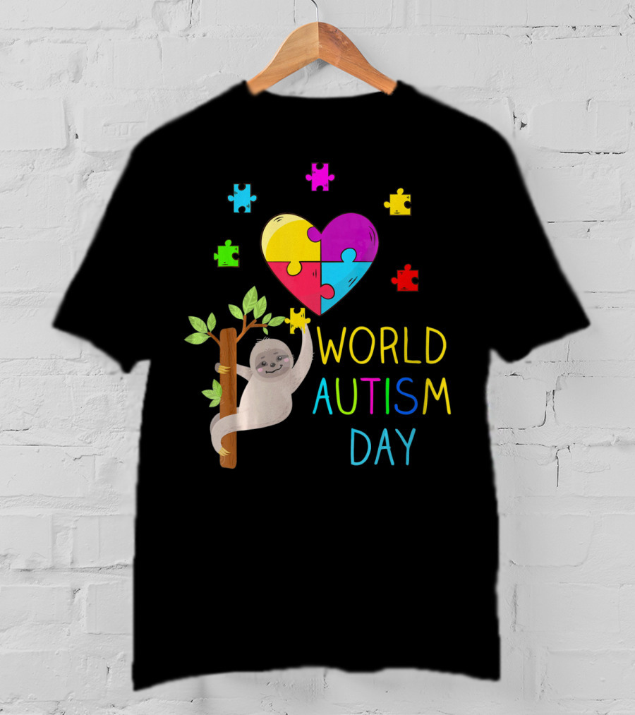 World Autism Day Sloth Heart Puzzle Pieces T-Shirt