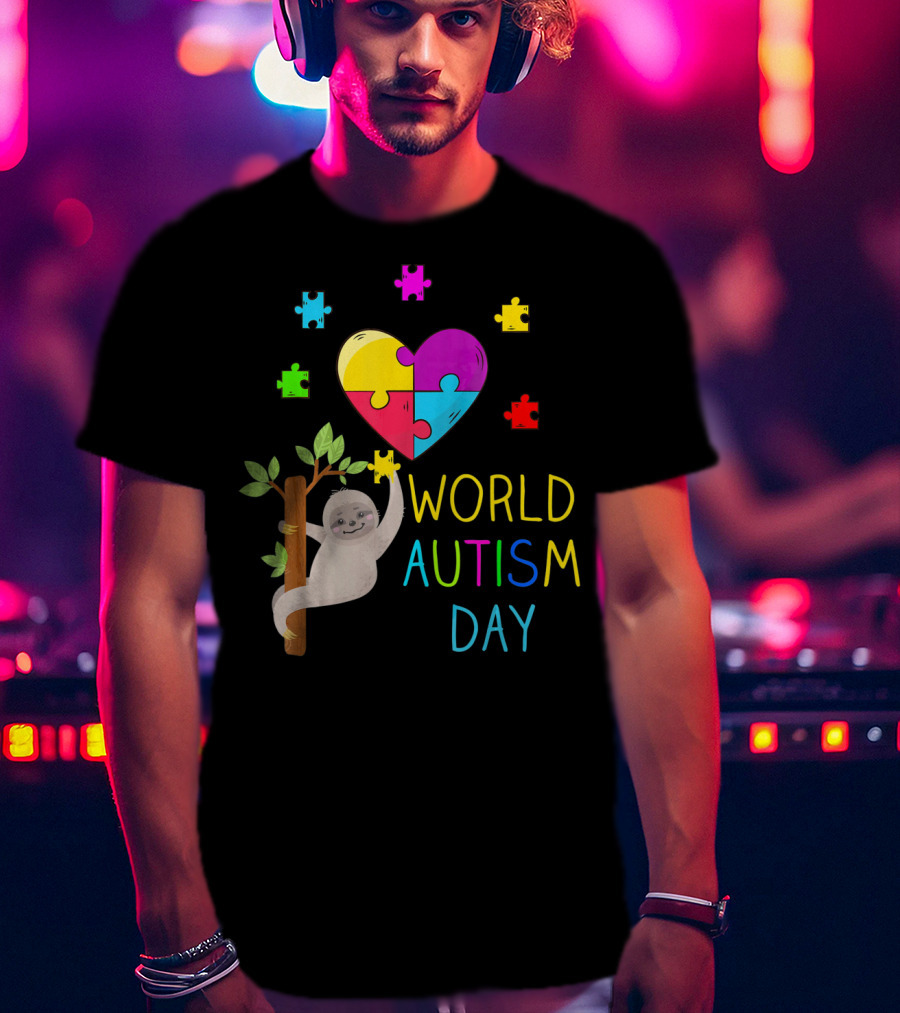World Autism Day Sloth Heart Puzzle Pieces T-Shirt
