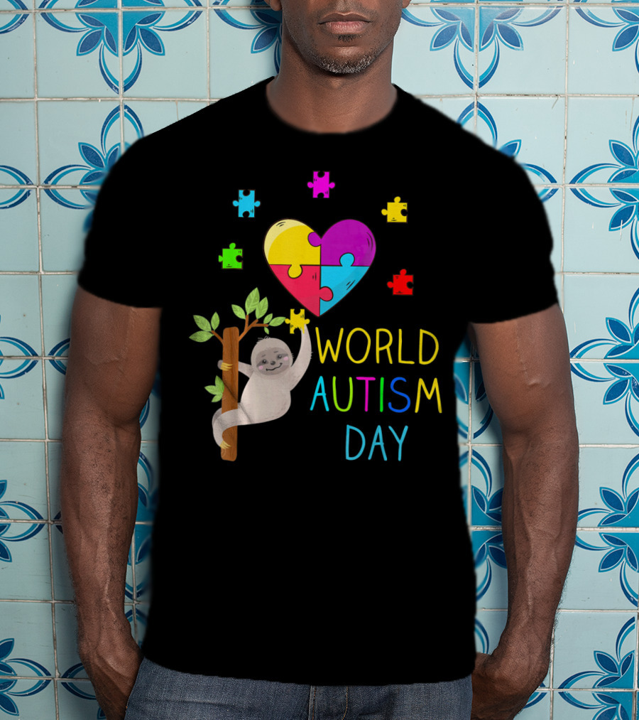 World Autism Day Sloth Heart Puzzle Pieces T-Shirt