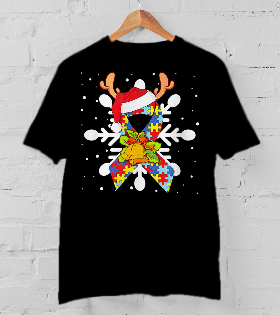 Snowflake Puzzle Ribbon With Santa Hat And Autism Awareness T-Shirt