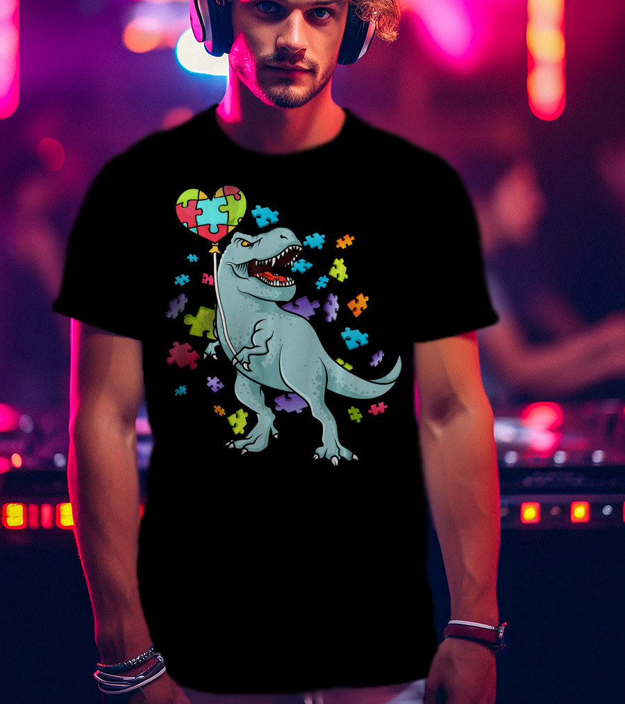 Autism Awareness Dinosaur With Puzzle Heart Balloon And Colorful Puzzle Pieces T-Shirt
