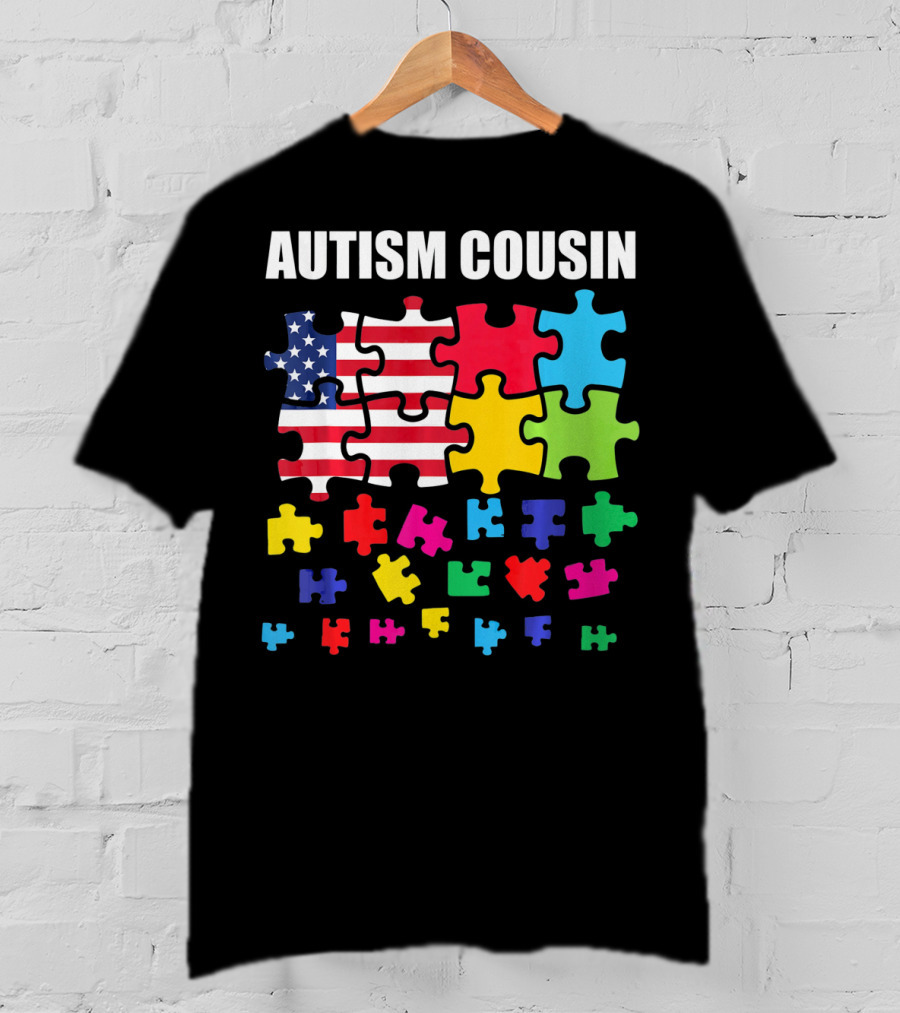 Autism Cousin Puzzle Pieces USA Flag Autism Awareness T-Shirt