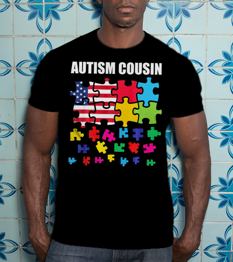 Autism Cousin Puzzle Pieces USA Flag Autism Awareness T-Shirt