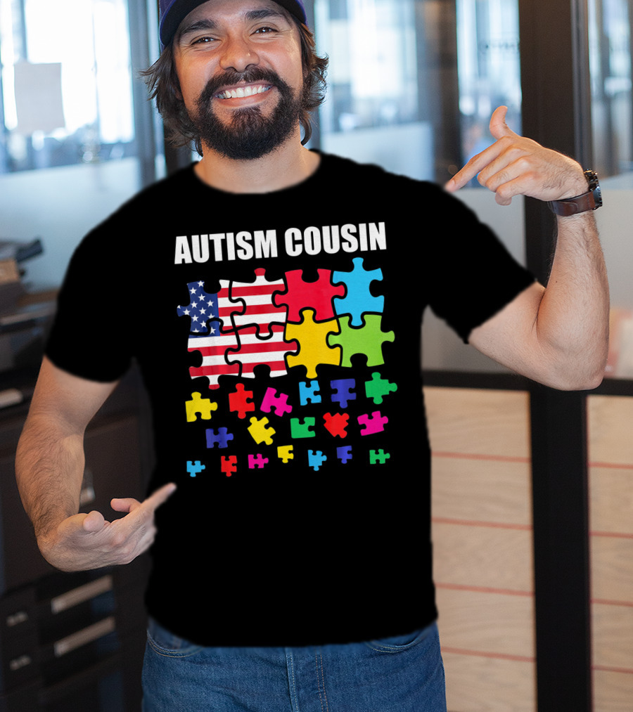 Autism Cousin Puzzle Pieces USA Flag Autism Awareness T-Shirt