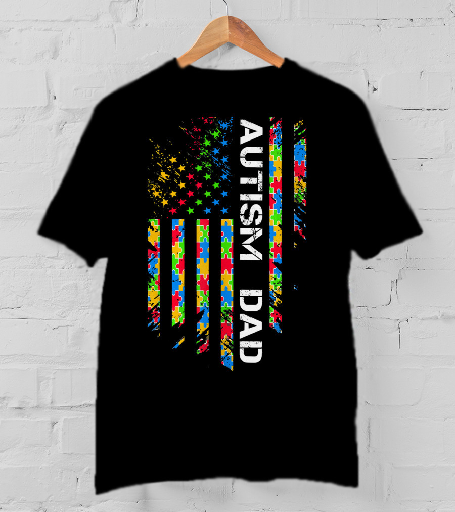 Autism Dad Puzzle Piece Flag USA Awareness T-Shirt