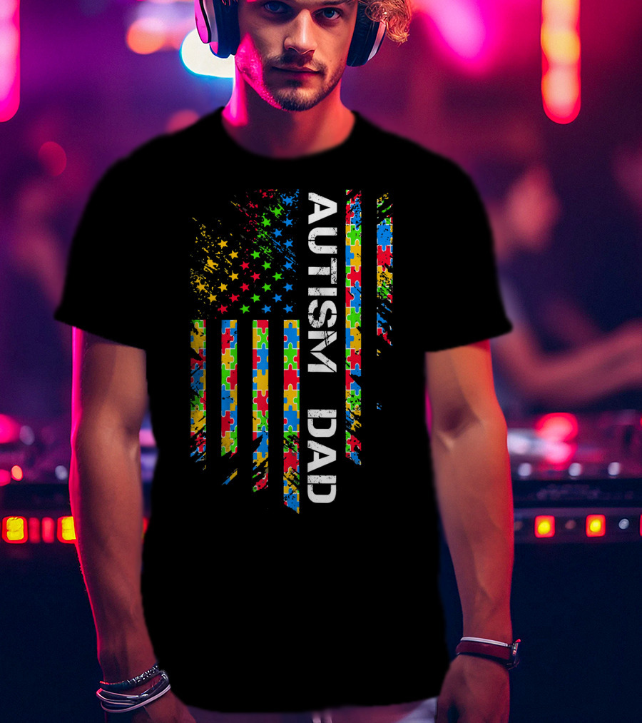 Autism Dad Puzzle Piece Flag USA Awareness T-Shirt