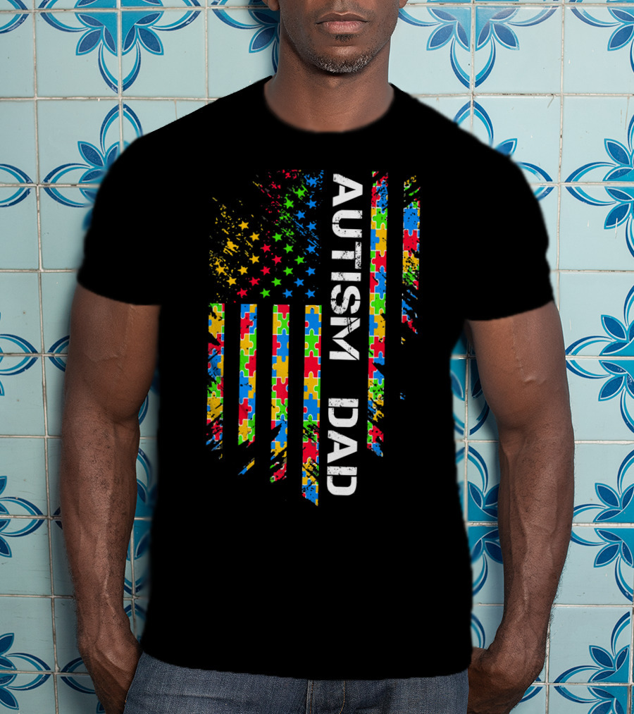 Autism Dad Puzzle Piece Flag USA Awareness T-Shirt