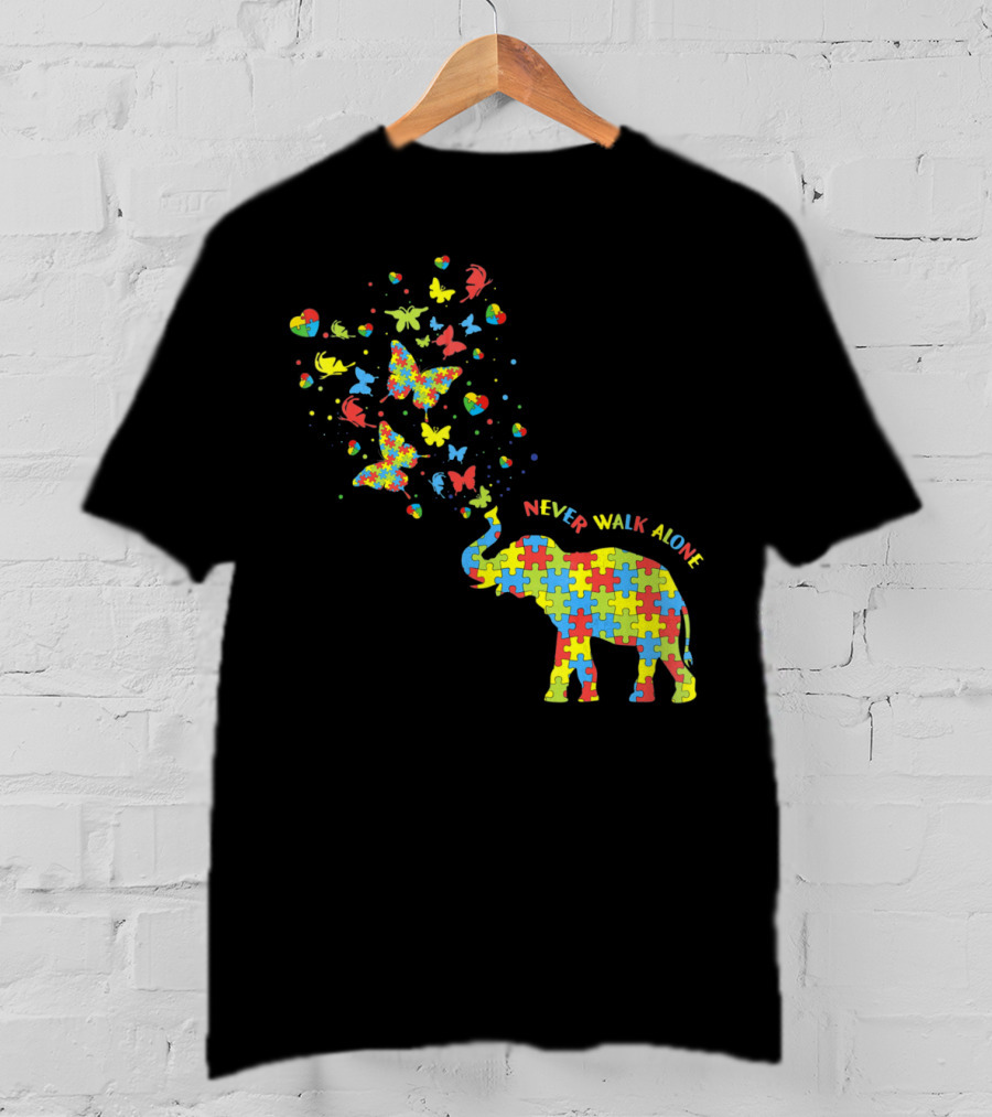 Elephants And Butterflies Autism Awareness Never Walk Alone T-Shirt