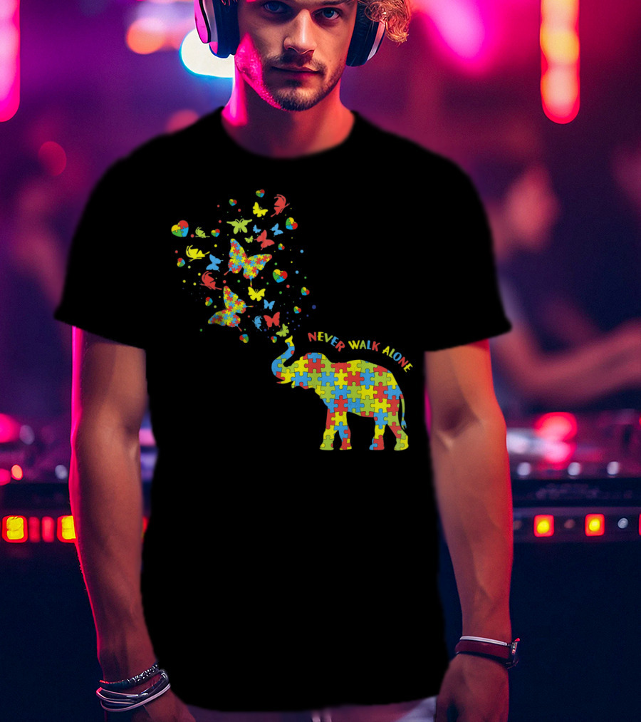 Elephants And Butterflies Autism Awareness Never Walk Alone T-Shirt