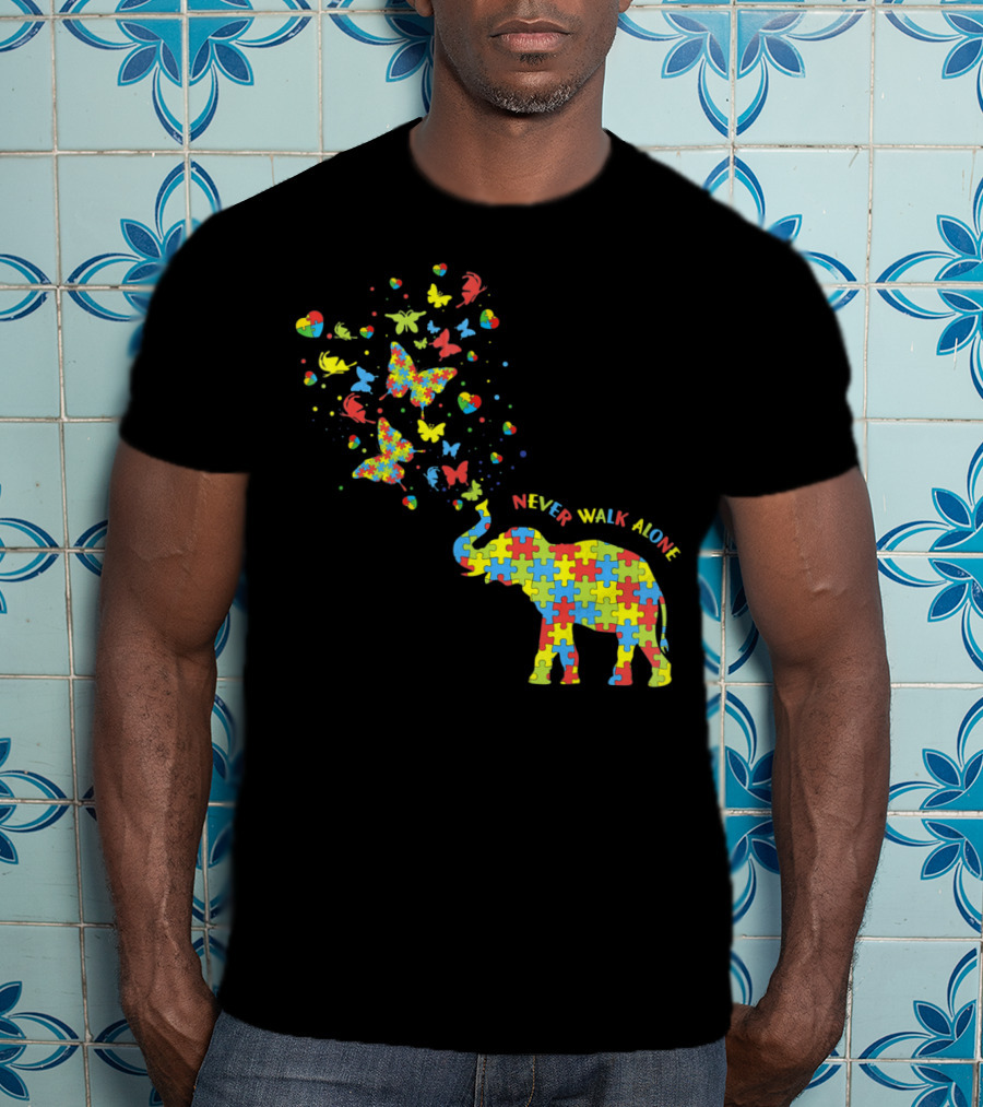 Elephants And Butterflies Autism Awareness Never Walk Alone T-Shirt