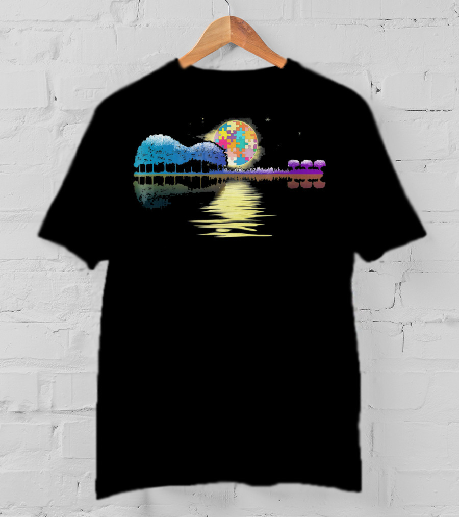 Guitar Lake Shadow Autism Puzzle Moon Reflection T-Shirt