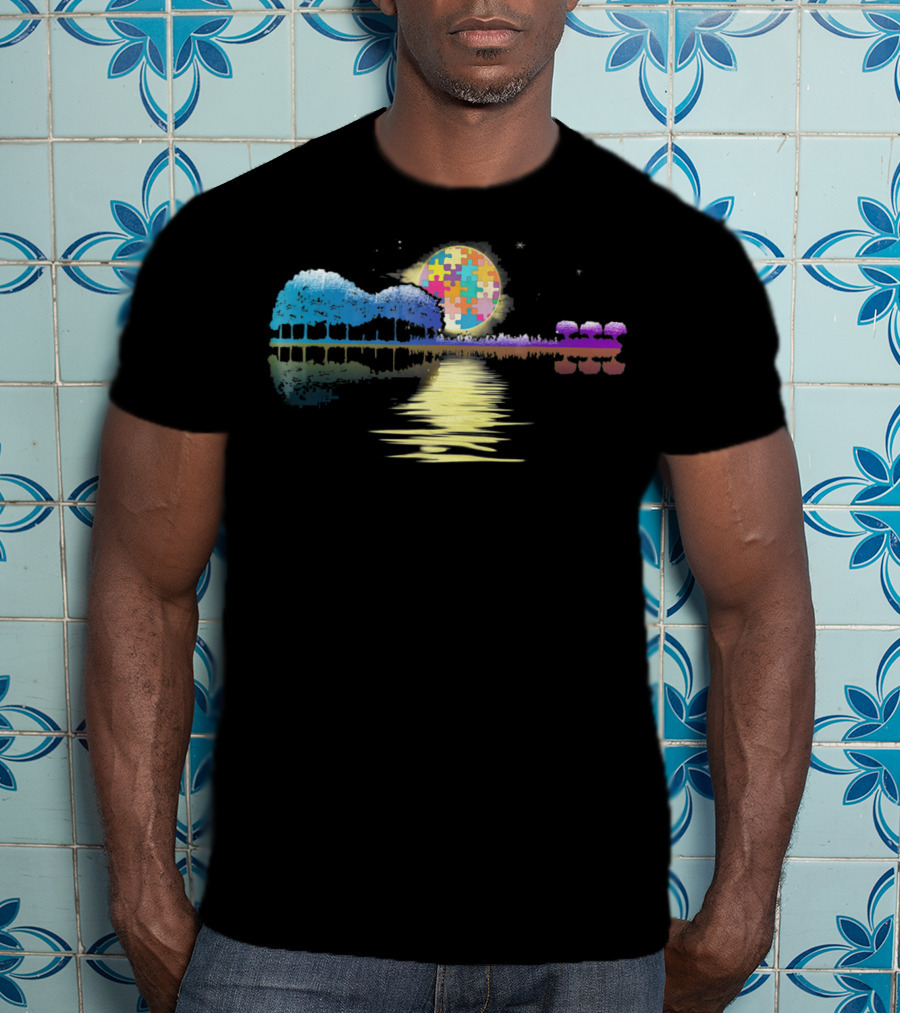 Guitar Lake Shadow Autism Puzzle Moon Reflection T-Shirt