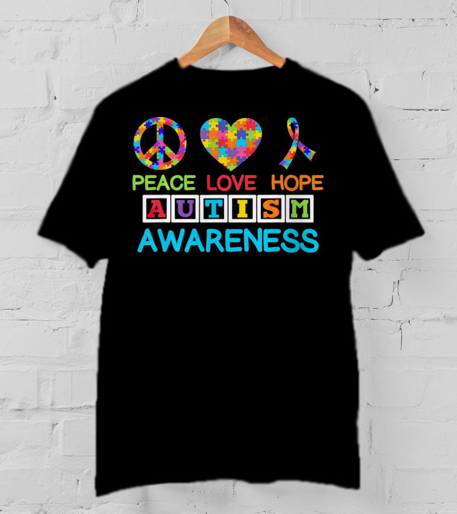 Autism Awareness Peace Love Hope Puzzle Ribbon Puzzle T-Shirt