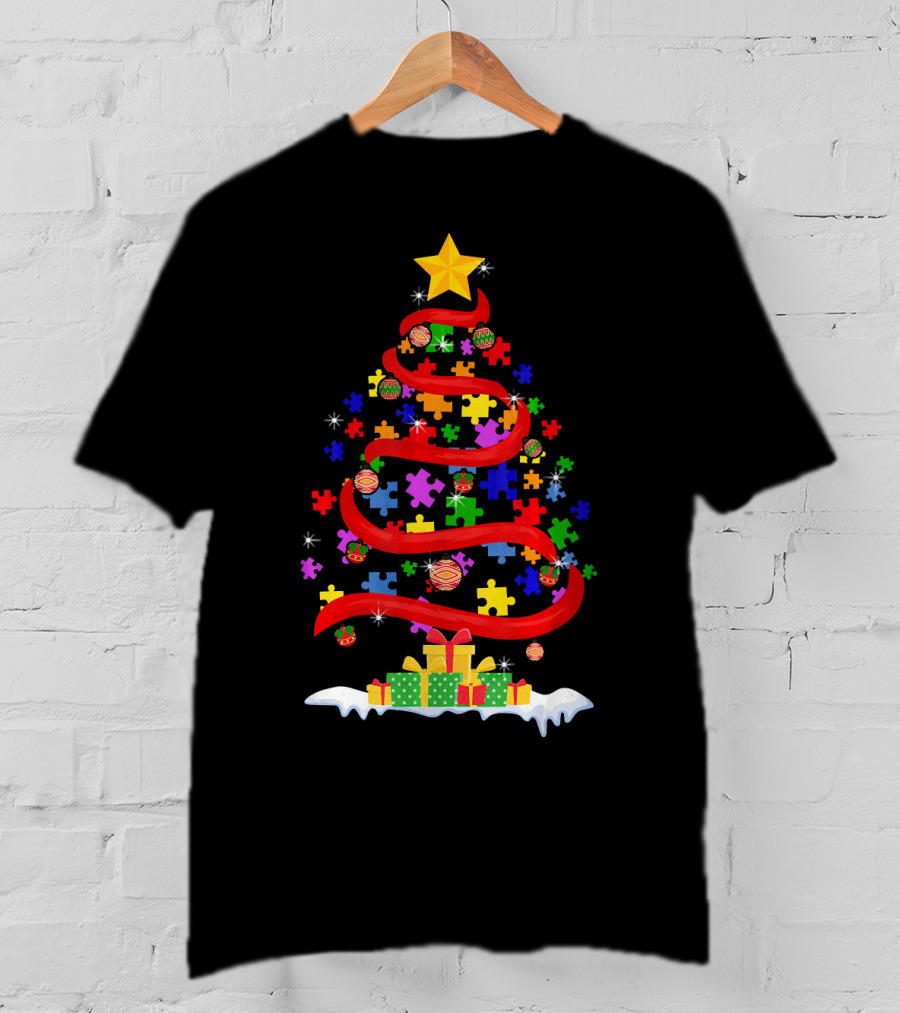 Xmas Puzzle Autism Christmas Tree With Star And Gifts T-Shirt