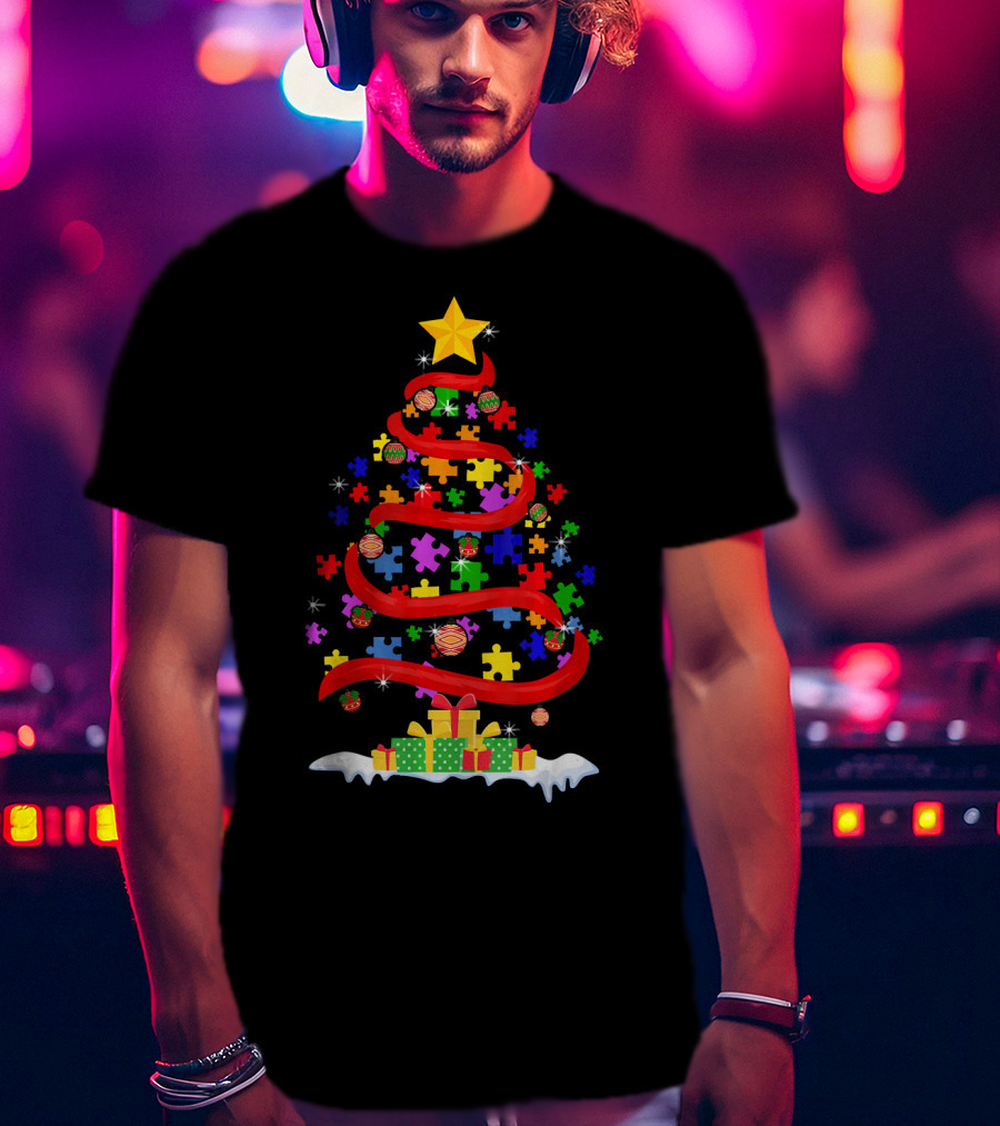 Xmas Puzzle Autism Christmas Tree With Star And Gifts T-Shirt