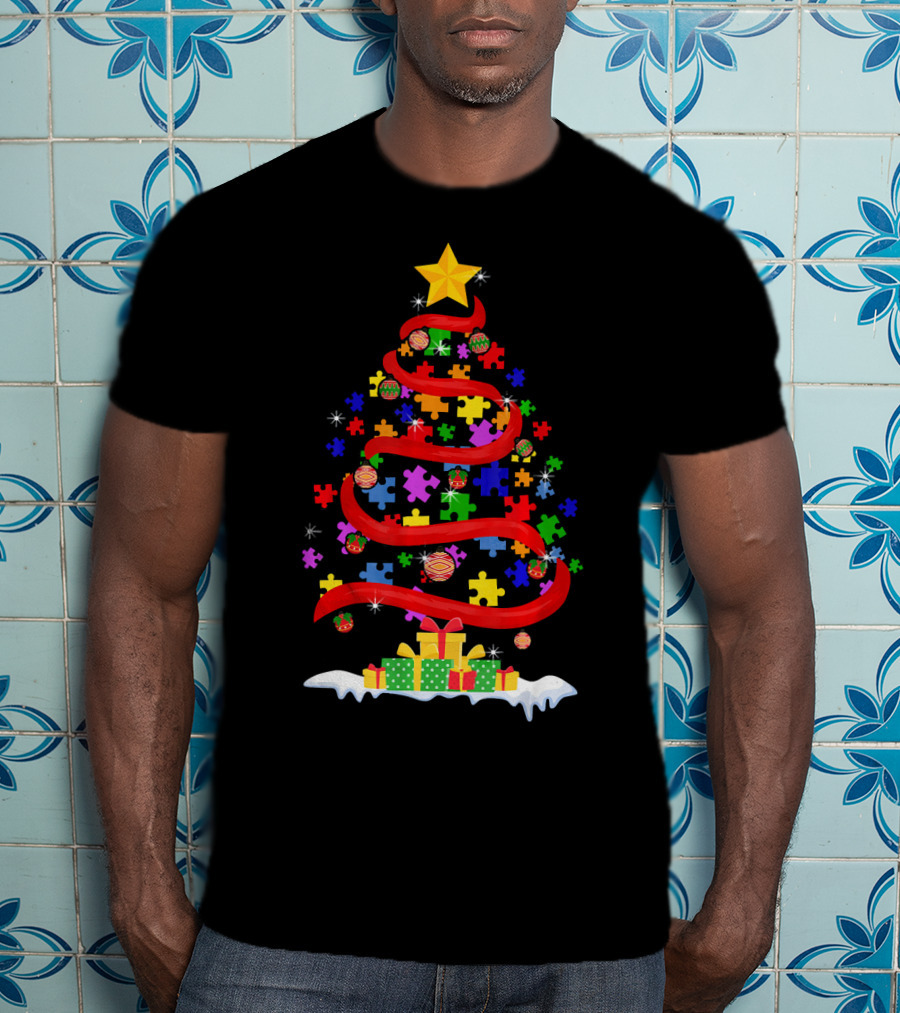 Xmas Puzzle Autism Christmas Tree With Star And Gifts T-Shirt
