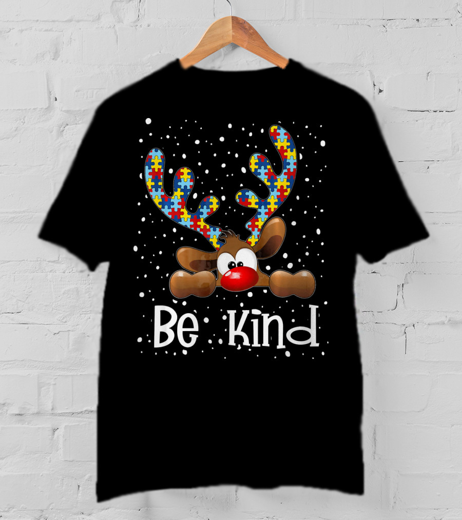 Be Kind Autism Awareness Reindeer With Puzzle Piece Antlers T-Shirt