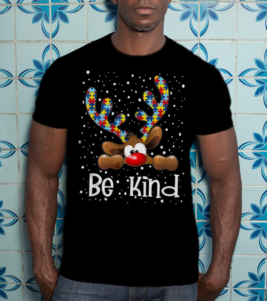 Be Kind Autism Awareness Reindeer With Puzzle Piece Antlers T-Shirt