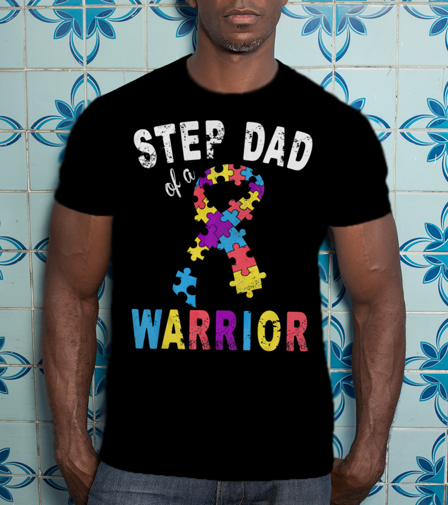 Step Dad Of A Warrior Autism Awareness Puzzle T-Shirt