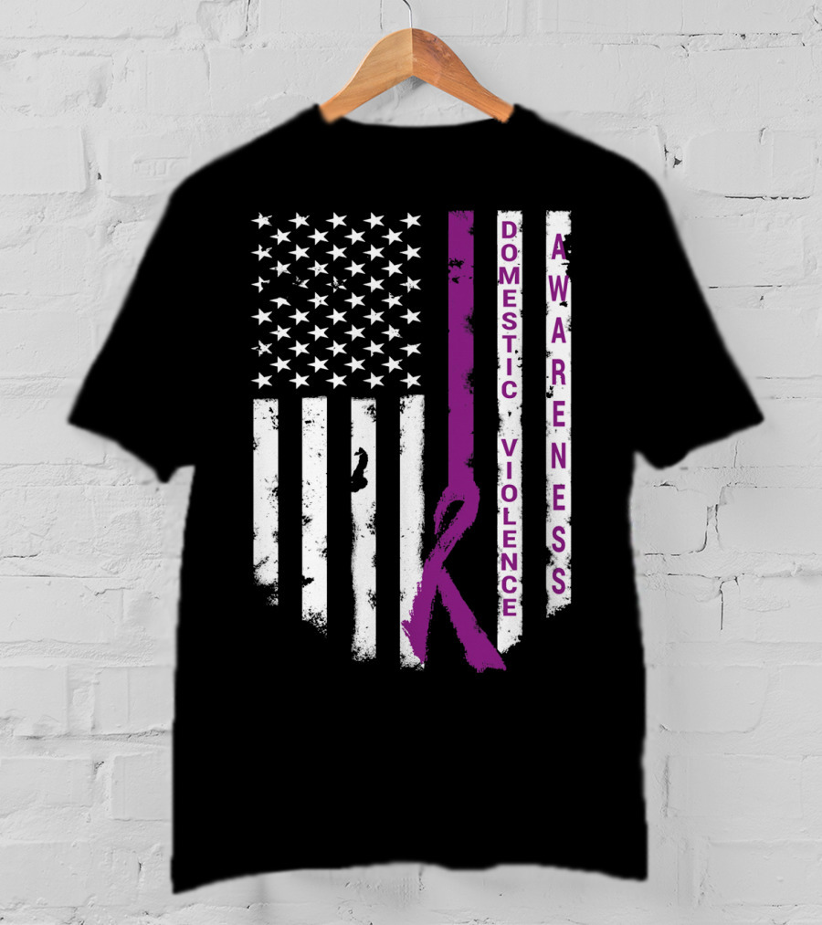 Domestic Violence Awareness Purple Ribbon American Flag T-Shirt