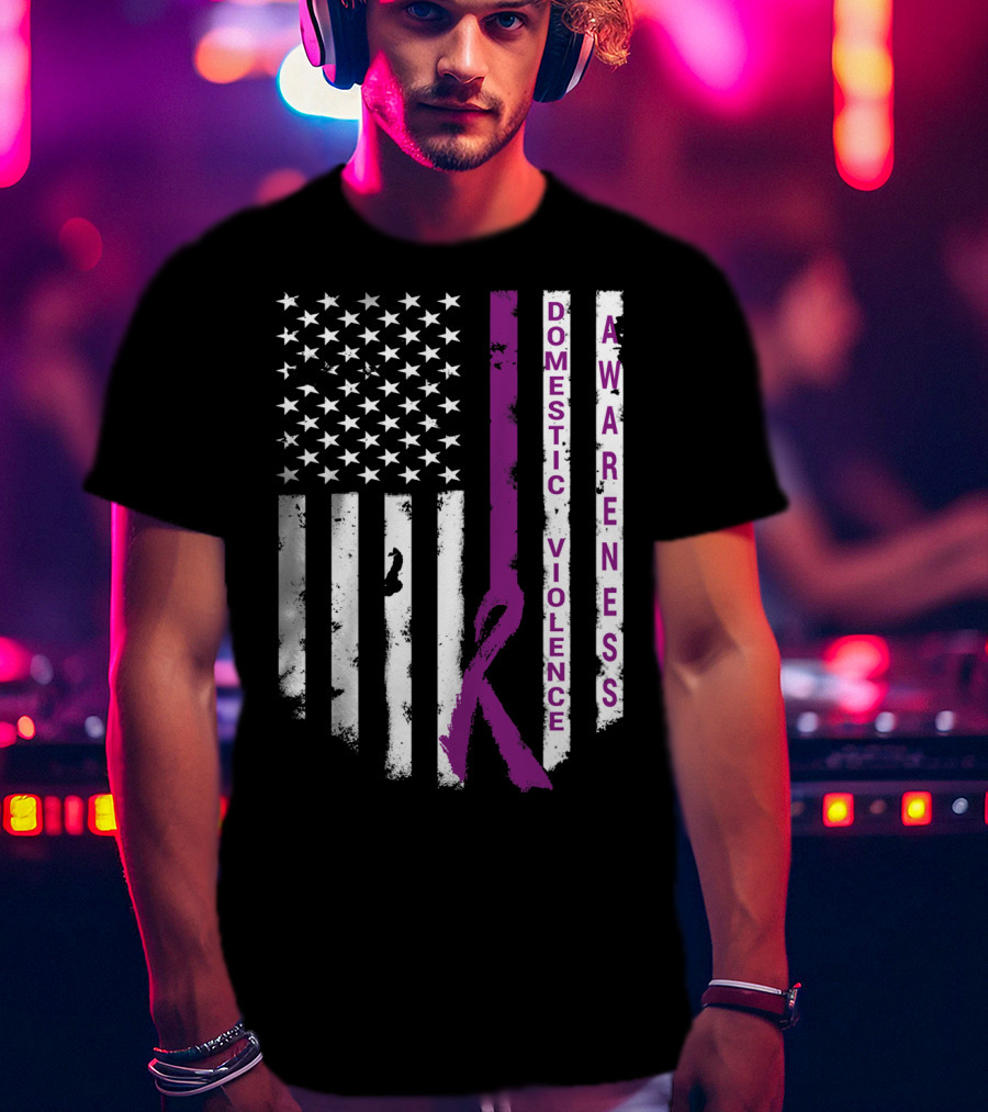 Domestic Violence Awareness Purple Ribbon American Flag T-Shirt